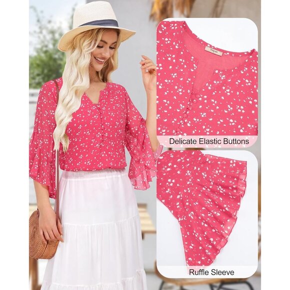 Women’s 3/4 Sleeve Chiffon Top with Ruffle Cuffs Floral Pattern Casual - Picture 5 of 5